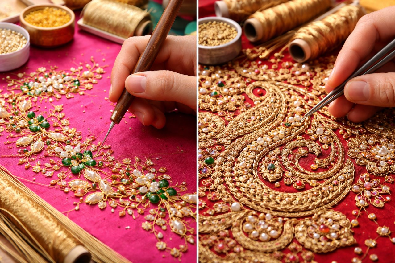 Aari and Zardosi embroidery comparison for bridal blouse design